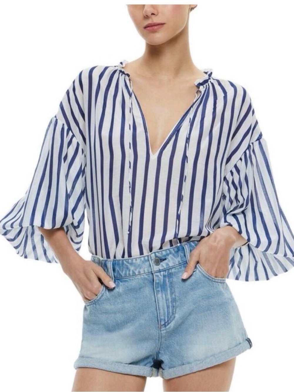 Alice + Olivia Navy and White Striped V-Neck Peasant Blouse